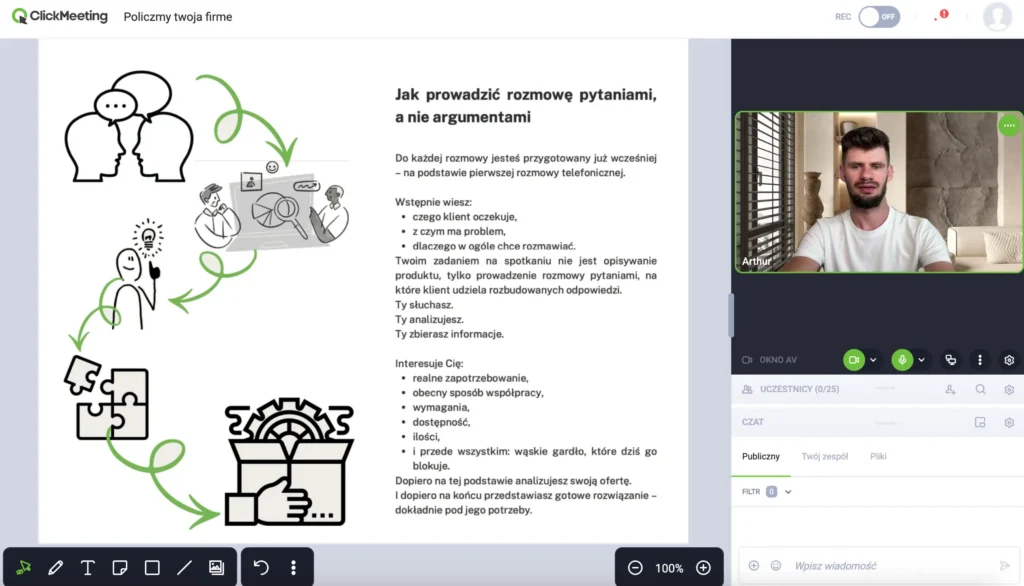 Webinar Artur Krzysztofik Business Consulting Mentoring. Jak prowadzić rozmowę pytaniami, a nie argumentami.